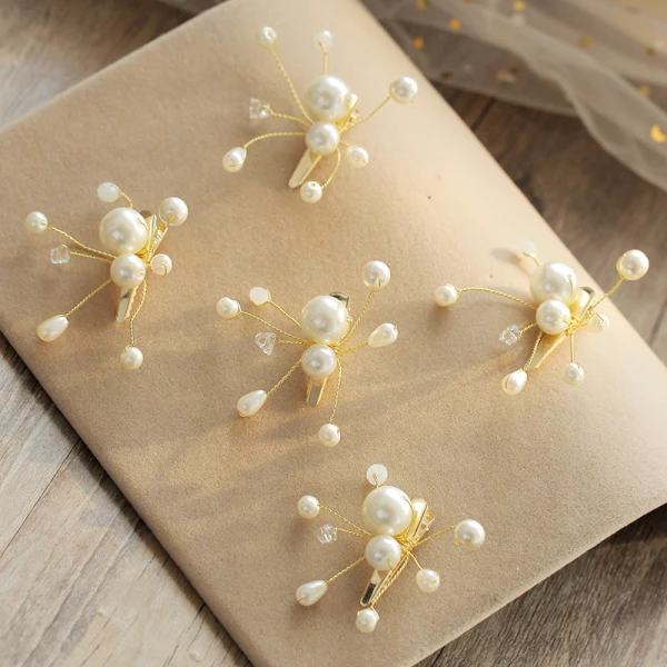 Eenvoudige Abrikoos / Beige Oorbellen Haaraccessoires 2019 Kralen Kristal Parel Gala Huwelijk 5 stuks Accessoires
