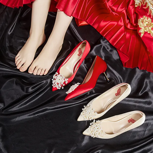Classique Élégant Rouge Chaussure De Mariée 2020 7 cm Perle Perlage Charmeuse Cocktail Soirée À Bout Pointu Mariage Chaussures Femmes