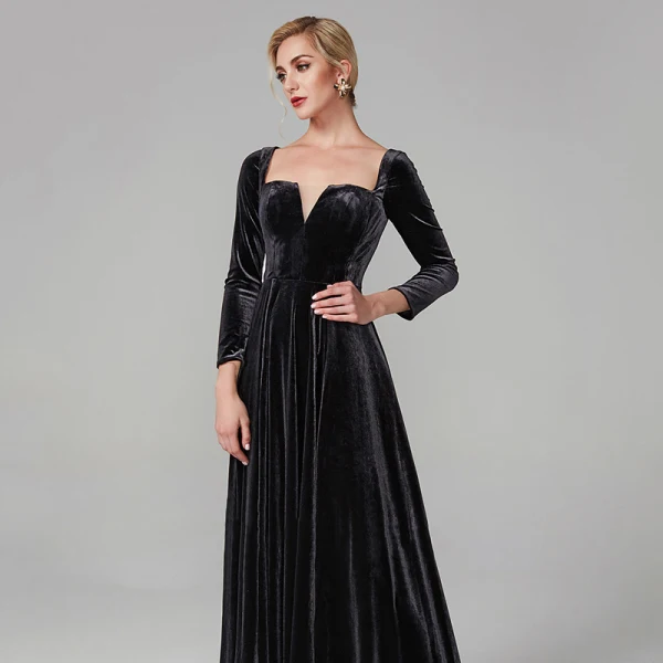 Modest / Simple Black Evening Dresses 2020 A-Line / Princess Floor-Length / Long Long Sleeve V-Neck Velour Solid Color Cocktail Party Evening Party Formal Dresses