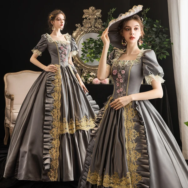 Vintage / Retro Medieval Gothic Grey Ball Gown Prom Dresses 2021 Square Neckline Short Sleeve Floor-Length / Long Beading Pearl Handmade Flower Cosplay Prom Formal Dresses