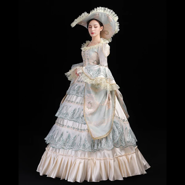Vintage / Retro Medieval Champagne Ball Gown Prom Dresses 2021 U-Neck Long Sleeve Floor-Length / Long 3D Lace Embroidered Handmade Lace Satin Cosplay Formal Dresses