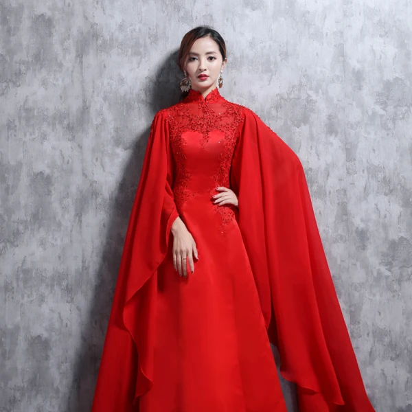 Style Chinois Rouge Robe De Soirée 2018 Col Haut Tulle Appliques Perlage Faux Diamant Paillettes Soirée Robe De Ceremonie