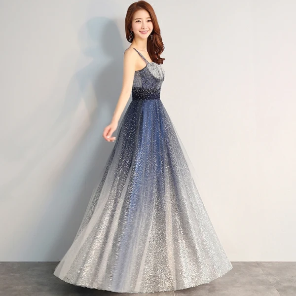 Chic / Beautiful Navy Blue Evening Dresses  2018 A-Line / Princess Tulle Backless Beading Starry Sky Sequins Evening Party Formal Dresses