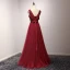 Chic / Beautiful Burgundy Evening Dresses  2017 A-Line / Princess Tulle V-Neck Evening Party Appliques Backless Beading Formal Dresses
