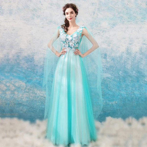 Chic / Beautiful Sky Blue Prom Dresses 2018 A-Line / Princess Floor-Length / Long Tulle V-Neck Butterfly Appliques Backless Formal Dresses