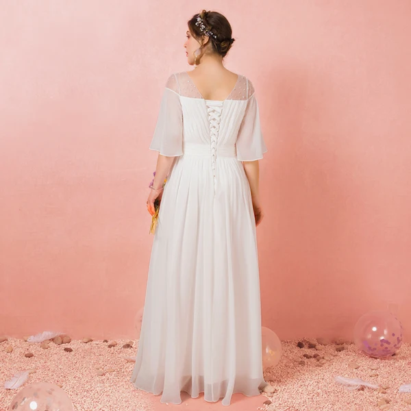 Schlicht Weiß Übergröße Abendkleider 2018 A Linie U-Ausschnitt Chiffon Tülle Perlenstickerei Pailletten Abend Festliche Kleider