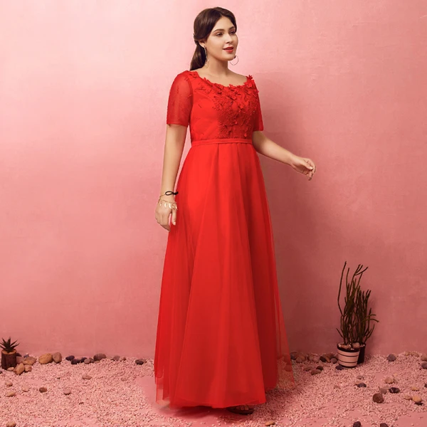 Chic / Beautiful Red Plus Size Evening Dresses 2018 A-Line / Princess Tulle U-Neck Appliques Backless Beading Evening Party Prom Dresses