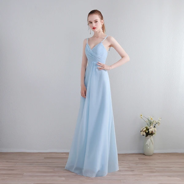 Chic / Beautiful Floor-Length / Long Evening Party Evening Dresses 2018 Chiffon A-Line / Princess V-Neck Sky Blue Lace-up Appliques Backless Formal Dresses