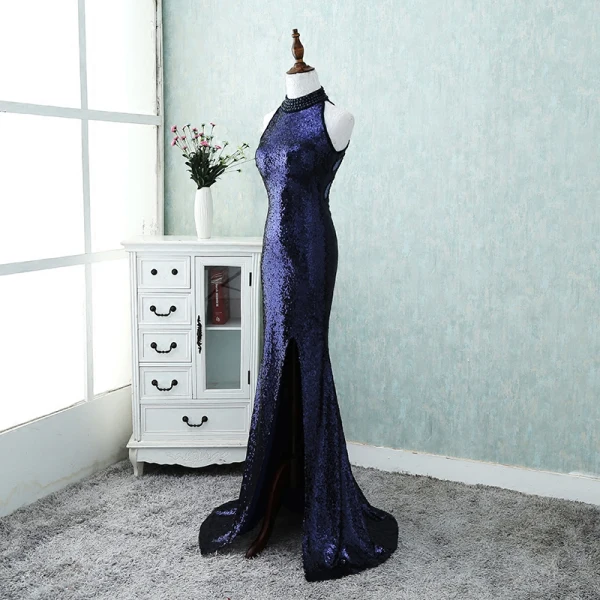 Sparkly Bling Bling Evening Dresses 2018 A-Line / Princess High Neck Zipper Up Navy Blue Court Train Beading Polyester Evening Party Formal Dresses