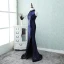 Sparkly Bling Bling Evening Dresses  2018 A-Line / Princess High Neck Zipper Up Navy Blue Court Train Beading Polyester Evening Party Formal Dresses