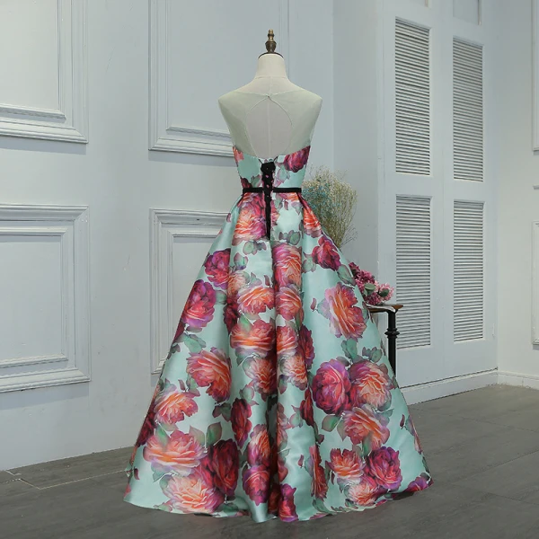 Flower Fairy Multi-Colors Floor-Length / Long Evening Dresses  2018 A-Line / Princess V-Neck Charmeuse Backless Printing Evening Party Prom Dresses