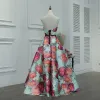 Flower Fairy Multi-Colors Floor-Length / Long Evening Dresses  2018 A-Line / Princess V-Neck Charmeuse Backless Printing Evening Party Prom Dresses