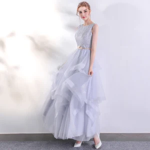 Chic Belle Argenté Robe De Soirée 2017 Princesse U Cou Dentelle Sans Manches Dos Nu Percé Soirée Robe De Bal