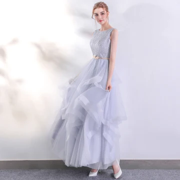 Chic Beautiful Silver Evening Dresses 2017 A Line Princess U Neck Lace Sleeveless Backless Pierced Evening Party Prom Dresses