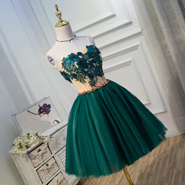 Chic / Beautiful Green Graduation Dresses 2017 A-Line / Princess Lace Strapless Appliques Backless Beading Homecoming Cocktail Party Formal Dresses