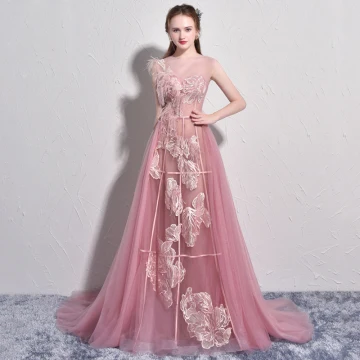 Hermoso Rosa Vestidos De Noche 2017 A Line Princess Tul U Escote Pluma Bordado Sin Espalda Noche Vestidos Formales