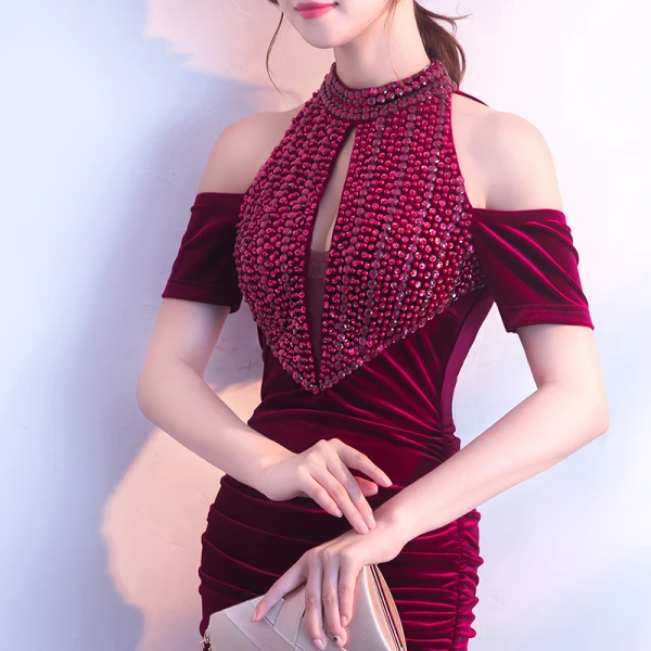 Chic / Beautiful Burgundy Evening Dresses 2017 Trumpet / Mermaid Zipper Up High Neck Beading Backless Evening Party Formal Dresses