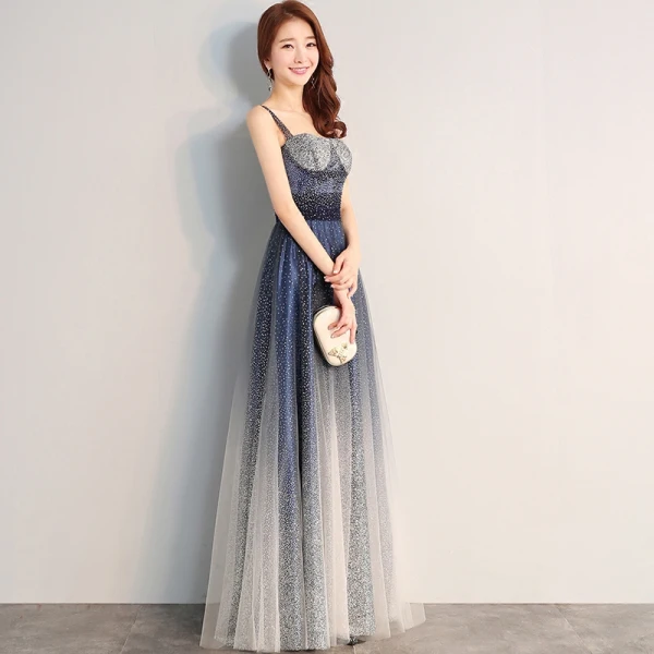 Chic / Beautiful Navy Blue Evening Dresses  2018 A-Line / Princess Tulle Backless Beading Starry Sky Sequins Evening Party Formal Dresses
