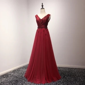 Chic Belle Bordeaux Robe De Soirée 2017 Princesse Tulle V Cou Soirée Appliques Dos Nu Perlage Robe De Ceremonie