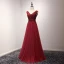 Chic / Beautiful Burgundy Evening Dresses  2017 A-Line / Princess Tulle V-Neck Evening Party Appliques Backless Beading Formal Dresses