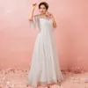 Modest / Simple White Plus Size Evening Dresses  2018 A-Line / Princess U-Neck Chiffon Tulle Beading Sequins Evening Party Formal Dresses