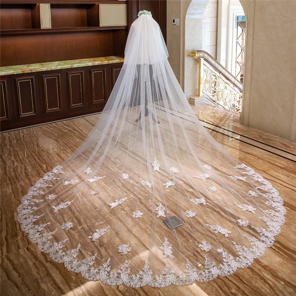 Amazing / Unique White Royal Train Wedding Tulle Lace Appliques 4 m Wedding Veils 2018