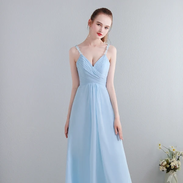 Chic / Beautiful Floor-Length / Long Evening Party Evening Dresses 2018 Chiffon A-Line / Princess V-Neck Sky Blue Lace-up Appliques Backless Formal Dresses