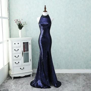 Scintillantes Bling Bling Robe De Soirée 2018 Princesse Col Haut Fermeture Éclair Bleu Marine Tribunal Train Perlage Polyester Soirée Robe De Ceremonie