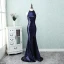 Sparkly Bling Bling Evening Dresses  2018 A-Line / Princess High Neck Zipper Up Navy Blue Court Train Beading Polyester Evening Party Formal Dresses