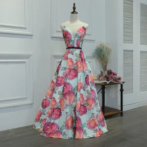 Fée Des Fleurs Multi Couleurs Longue Robe De Soirée 2018 Princesse V Cou Charmeuse Dos Nu Impression Soirée Robe De Bal