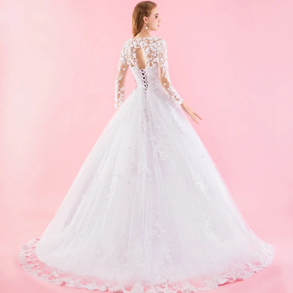 Chic / Beautiful Ivory Chapel Train 2018 Wedding Long Sleeve Lace-up U-Neck Tulle Appliques Backless Pierced Ball Gown Wedding Dresses