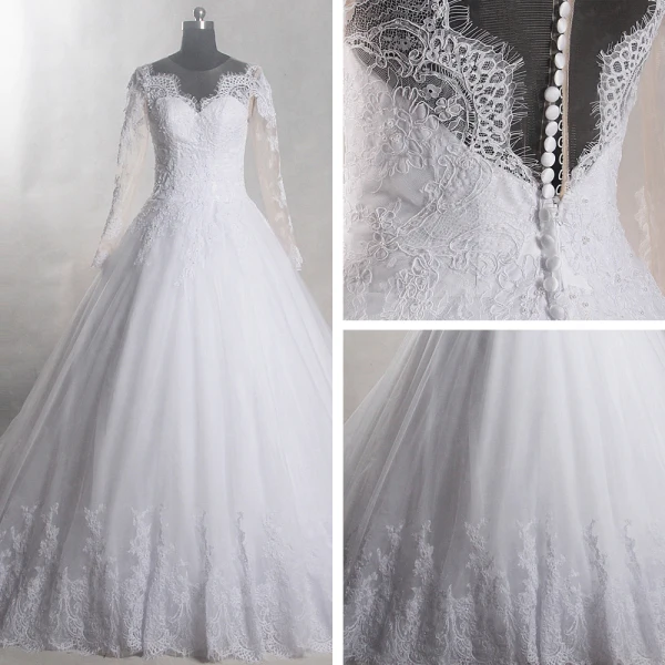 Amazing / Unique White Chapel Train Wedding 2018 Long Sleeve U-Neck Tulle See-through Backless Beading Pierced Ball Gown Wedding Dresses
