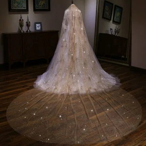 Brillante Bling Bling Champán Cathedral Train Velo De Novia Tul Rebordear Lentejuelas Boda 2018