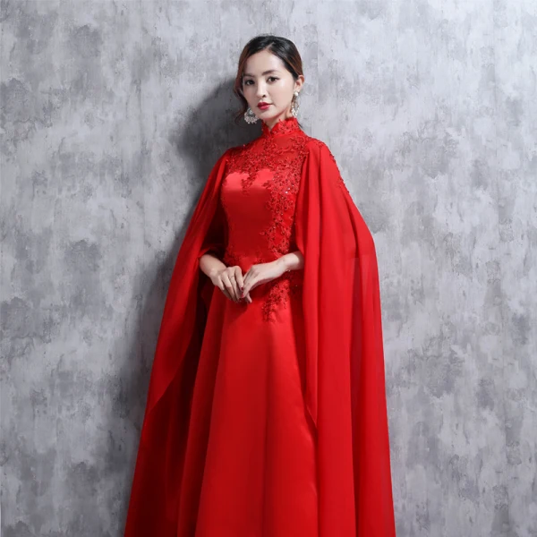 Style Chinois Rouge Robe De Soirée 2018 Col Haut Tulle Appliques Perlage Faux Diamant Paillettes Soirée Robe De Ceremonie