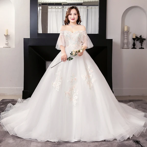 Modest / Simple White Plus Size Ball Gown Wedding Dresses 2019 Lace Tulle 1/2 Sleeves Appliques Backless Embroidered Strapless Chapel Train Wedding