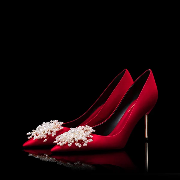 Classique Élégant Blanche Chaussure De Mariée Cuir Perlage Perle Mariage Soirée Talons Hauts À Bout Pointu Chaussures Femmes 2019
