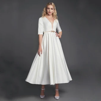 Simple Blanche Robe De Soirée 2020 Princesse Col V Profond 1 2 Manches Satin Fermeture Éclair Thé Longueur Soirée Robe De Ceremonie