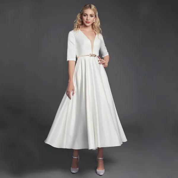 Modest / Simple White Evening Dresses 2020 A-Line / Princess Deep V ...