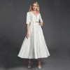Modest / Simple White Evening Dresses  2020 A-Line / Princess Deep V-Neck 1/2 Sleeves Satin Zipper Tea-length Evening Party Formal Dresses