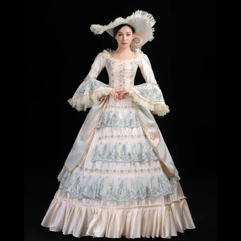 Vintage Middeleeuws Champagne Baljurk Galajurken 2021 U Hals Lange Mouwen Lange 3d Kant Geborduurde Handgemaakt Kanten Satijn Cosplay Gelegenheid Jurken