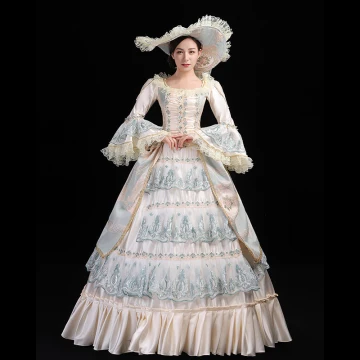 Vintage Retro Medieval Champagne Ball Gown Prom Dresses 2021 U Neck Long Sleeve Floor Length Long 3d Lace Embroidered Handmade Lace Satin Cosplay Formal Dresses