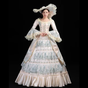 Vintage Mittelalterlich Champagner Ballkleid Ballkleider 2021 U Ausschnitt Lange Ärmel Lange 3 D Spitze Stickerei Handgefertigt Spitze Satin Cosplay Festliche Kleider