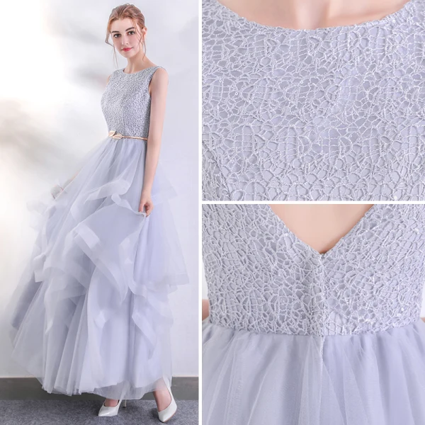 Chic / Beautiful Silver Evening Dresses  2017 A-Line / Princess U-Neck Lace Sleeveless Backless Pierced Evening Party Prom Dresses