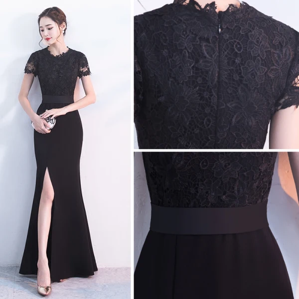 Chic / Beautiful Black Evening Dresses 2017 Trumpet / Mermaid U-Neck Lace Appliques Embroidered Split Front Evening Party Party Dresses