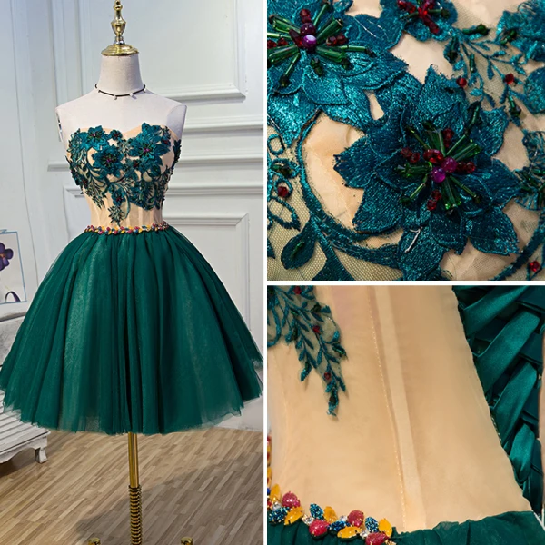 Chic Beautiful Green Graduation Dresses 2017 A-Line Princess Lace Strapless Appliques