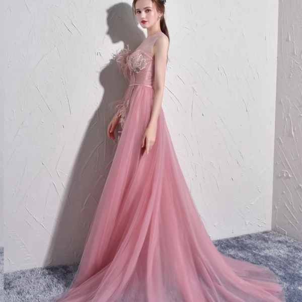 Chic / Belle Rose Bonbon Robe De Soirée 2017 Princesse Tulle U-Cou Plumes Brodé Dos Nu Soirée Robe De Ceremonie