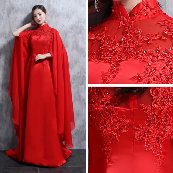 Style Chinois Rouge Robe De Soirée 2018 Col Haut Tulle Appliques Perlage Faux Diamant Paillettes Soirée Robe De Ceremonie