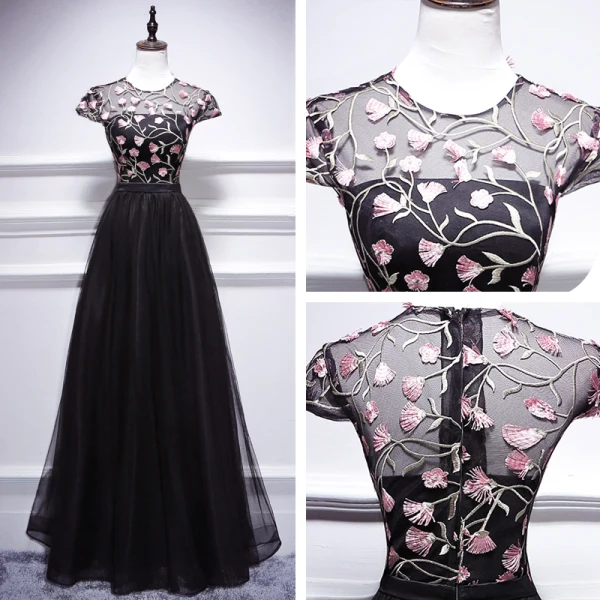 Chic / Beautiful Black Floor-Length / Long Evening Dresses  2018 A-Line / Princess U-Neck Tulle Appliques Backless Formal Dresses
