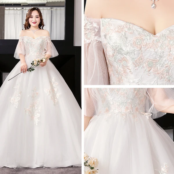 Modest / Simple White Plus Size Ball Gown Wedding Dresses 2019 Lace Tulle 1/2 Sleeves Appliques Backless Embroidered Strapless Chapel Train Wedding
