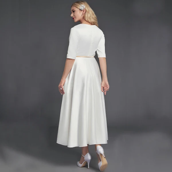 Modest / Simple White Evening Dresses 2020 A-Line / Princess Deep V-Neck 1/2 Sleeves Satin Zipper Tea-length Evening Party Formal Dresses